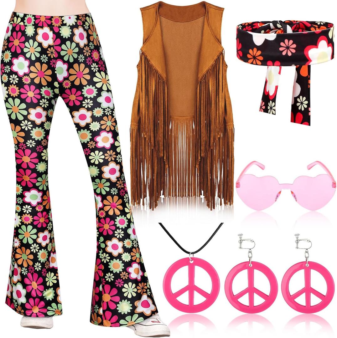 Jenaai 7 Pcs Kids 60s 70s Hippie Outfits for Girls Costume Set Boho Flared Pants Hippie Outfits Accessories Set (Medium)