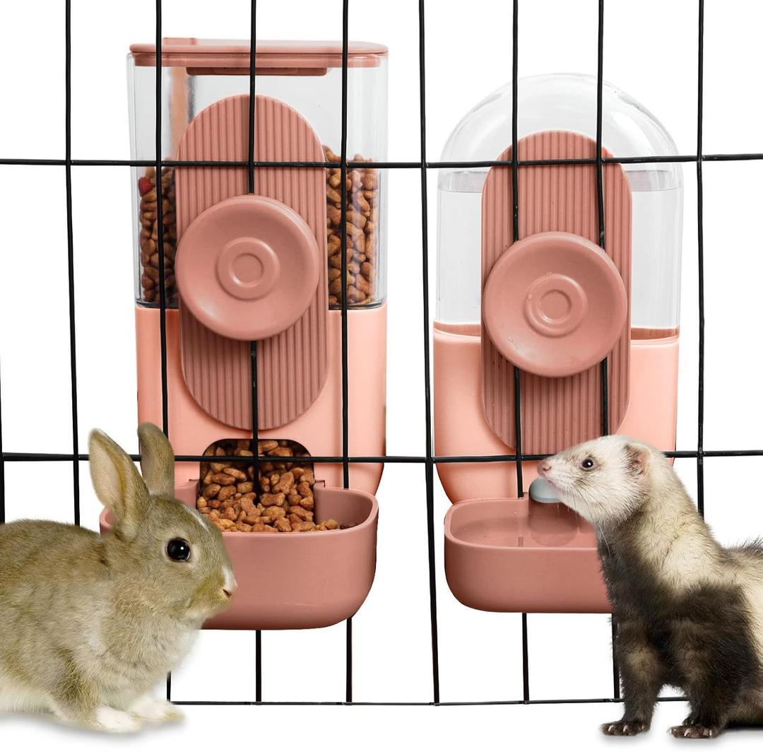 Hanging Automatic Food Water Dispenser,Gravity Rabbit Feeder and Water Dispenser Set for Bunny Chinchilla Guinea Pig Hedgehog Ferret (Brown)