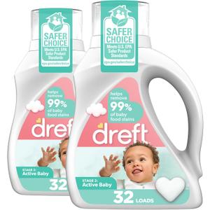 Dreft Active Baby Liquid Laundry Detergent, Helps Remove 99% of Baby Food Stains, Hypoallergenic, 2 pack, 32 loads each (46 Fl Oz (Pack of 2))