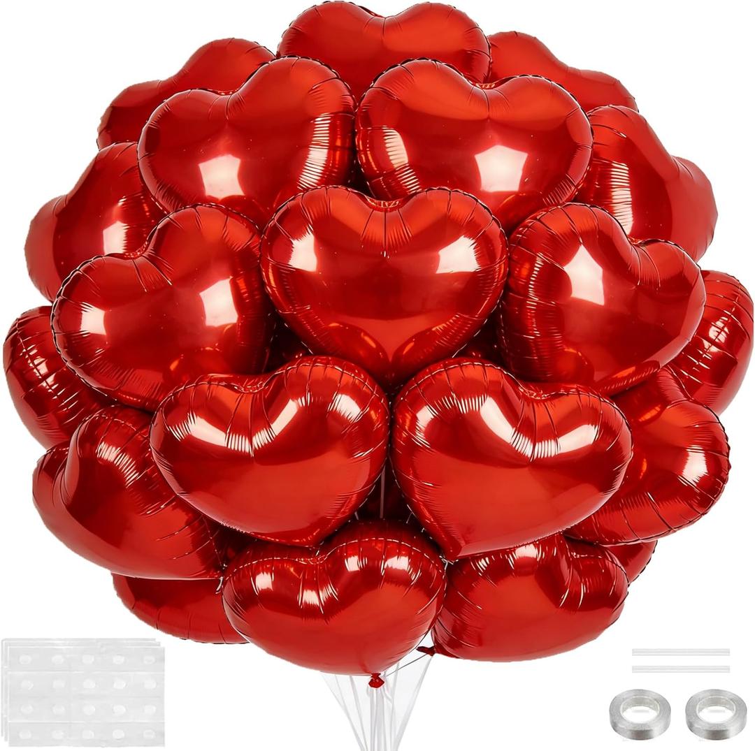 18 Inch Red Heart Balloons, 30 Pcs Foil Heart Shaped Balloon Large Foil Valentines Balloons Helium Support for Valentine's Day Wedding Bridal Engagement Party Anniversary Decorations