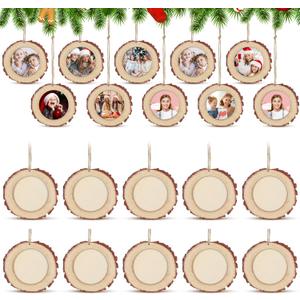 Wonderjune Round Picture Frames Wooden Christmas Picture Frame Ornaments for Christmas Tree Hanging Photo Ornaments Using My Own Photos(Khaki,Classic) (Brown and Beige)