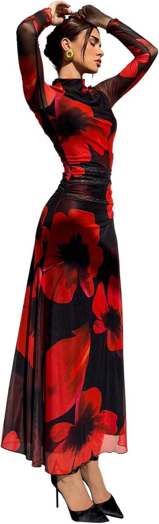 Verdusa Women's Floral Slimming Wedding Guest Dress Long Sleeve Holiday Maxi Dresses. XL Size
