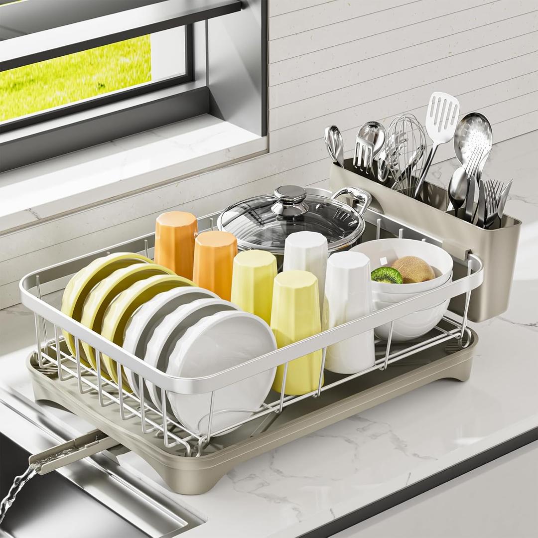 Stainless Steel Dish Drying Rack  304 Grade Dish Racks for Kitchen Counter with Utensil Holder & Adjustable Spout, Space-Saving Organizer, 16.5" x 11.8" x 5.3" Grey