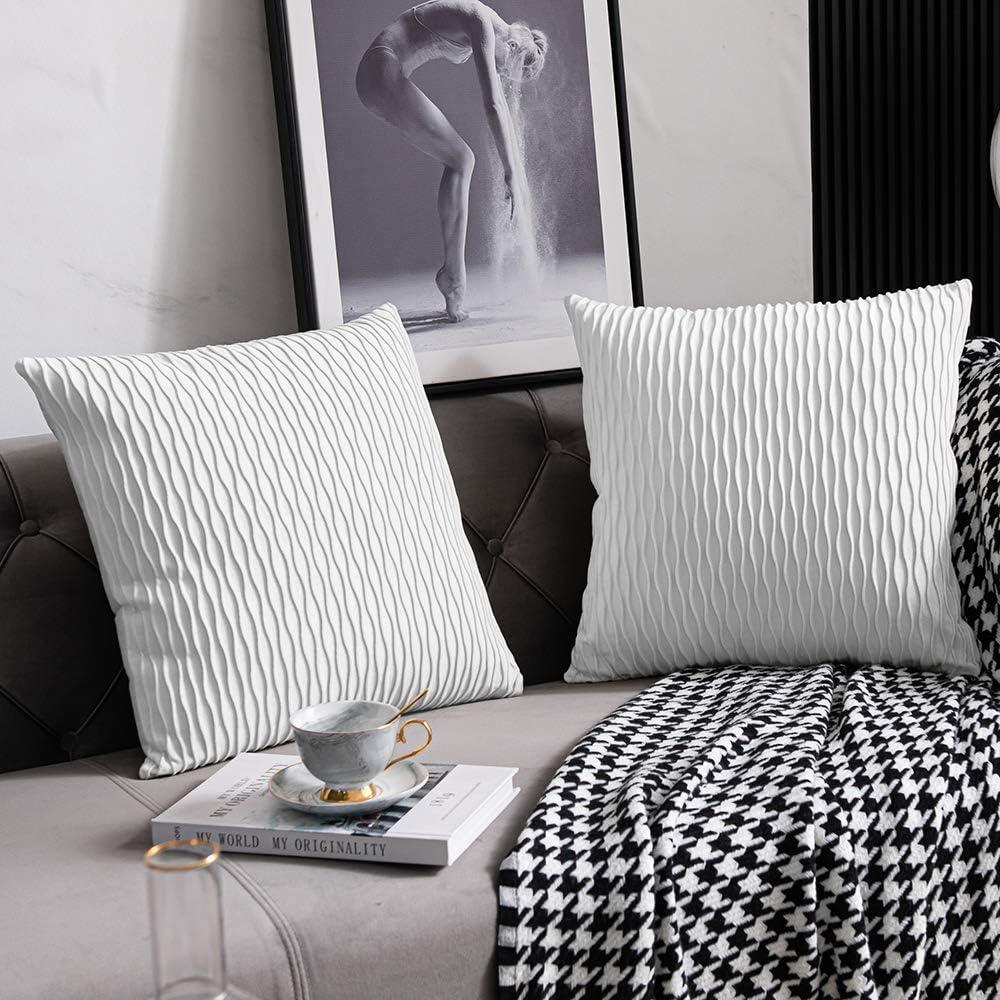 DEZENE White Striped Couch Pillow Cases: 2 Pack 16x16 Inch Original Velvet Square Throw Pillow Covers for Farmhouse Home Decor