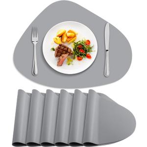 Placemats Set of 6, Heat Resistant Leather Placemats Double Layer, Soft Waterproof Round Table Mats Easy to Clean for Kitchen Dining Room Coffee Office Table, Grey
