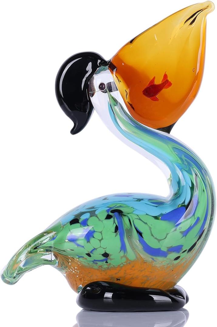 Pelican Figurine, Hand Blown Glass Pelican Figurine Coastal Bird Animal Statue Sculpture for Beach Nautical Home Decor, Art Glass Pelican Ornament for Shelf Tabletop, Gifts for Women