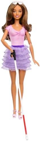 Barbie Fashionistas Doll #228, Blind Doll Wearing Pink Top and Ruffled Skirt with Cane and Sunglasses in Partnership with The American Foundation for The Blind