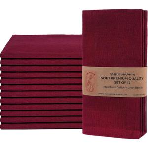 Rosa Mystica Cloth Napkins 18x18 Inches, 85% Cotton 15% Linen Dinner Napkins with Hemmed Edges, Washable Napkins Ideal for Parties, Weddings and Dinners (Maroon, Pack of 12)