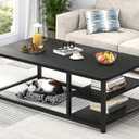 Black Coffee Table, Rustic Wood Living Room Table with Storage Shelf, Modern Rectangle Center Table, 47 Inch