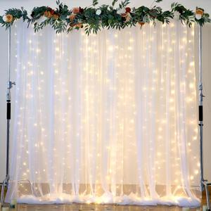 Suppromo White Tulle Backdrop Curtain with Lights String for Parites 208ft Sheer Curtains Wedding Baby Shower Birthday Party Photo Shoot Decorations (4 Panels 5ftx8ft)