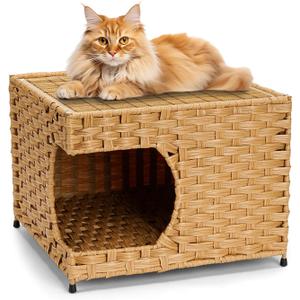Cat House for Indoor Cats - Wicker Cat Bed with Double-Sided Soft Cushion, Decorative Handwoven Pet Bed Furniture