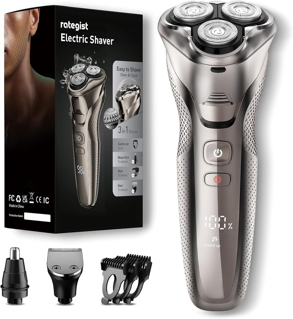 Rechargeable Electric Razor for Men: 3-in-1 Shaver for Beard/Nose/Sideburns - IPX7 Waterproof Travel Kit - Turbo Speed & Precision Blades, Glossy Silver (Midnight Black)