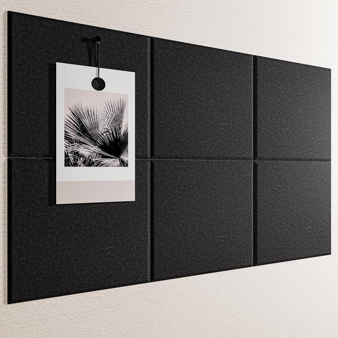 VANCORE 11.8" x 11.8" Felt Bulletin Board with 30 Push Pins, Large Square Pinboard Tiles for Photos,Notes,Letter,Memo, 6 Pack Wall Boards for Office (Black)