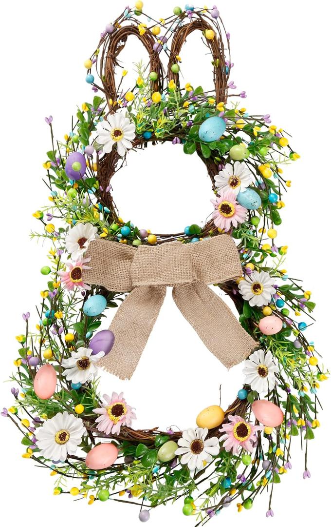 Sggvecsy 25 Inch Easter Bunny Shaped Artificial Flower Wreath with Colorful Berries Daisies Greenery Bow Knot for Front Door Easter Summer Farmhouse Wall Home Window Decor