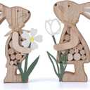 Easter Decorations for Table,Farmhouse Rustic Wooden Bunny with Metal flower Tiered Tray Decor Spring Party Outdoor Indoor Decor for Table Tabletop Shelf Mantel Yard,Easter Gifts for Kids (Brown)