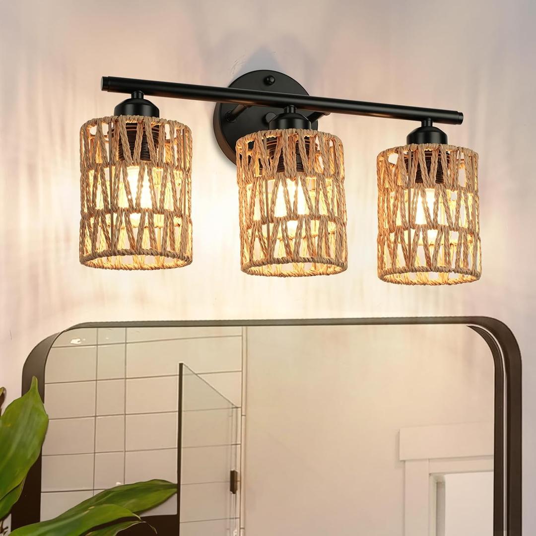 Frideko 3-Light Bathroom Vanity Light Fixtures, Modern Rattan Bathroom Lighting Fixtures Over Mirror, Boho Wall Sconces with Woven Lampshade, Black Wall Lamp for Farmhouse Living Room Bedroom