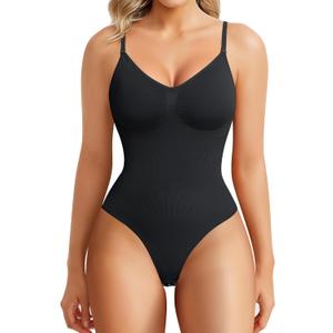 BRABIC Womens' Seamless Sleeveless V-Neck Bodysuit Shapewear Tummy Control (Medium-Large, Black Thong)
