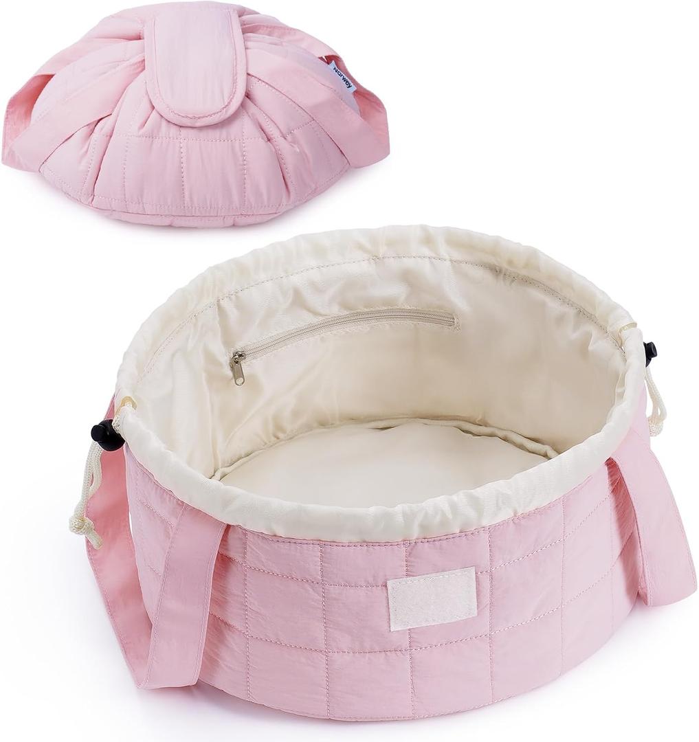 Narwey Lay Flat Open Drawstring Puffer Makeup Bag, Large Quilted Cosmetic Bag for Women Girls, Cute Make up Bags with Handle, Travel Toiletry Bag for Skincare, Brushes & Travel Essentials (Pink)
