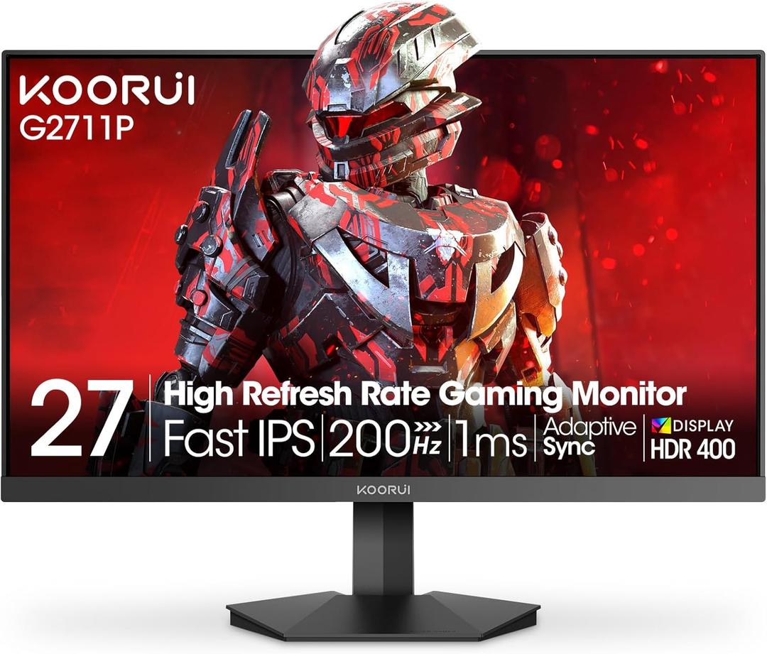 KOORUI 27 Inch Gaming Monitor 200Hz FHD (1920x1080) HDR400, 1ms Fast IPS, 90% DCI-P3, Adaptive-Sync, HDMI 2.0, DP 1.4, VESA Mount, Tilt Adjustable, G2711P