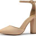 DREAM PAIRS Women's Coco High Heels Chunky Block Pumps Pointed Closed Toe Ankle Strap Dress Shoes (7.5, Nude)