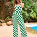 Overalls for Women Loose Fit Jumpsuits Fashion Checkered Straight Leg Pants Stretch Bib Coveralls (Green, M)
