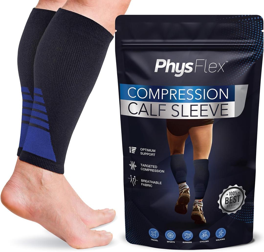 Calf Compression Sleeves for Men and Women - (1 Pair) Footless Compression Socks Support for Varicose Vein, Nursing, Pregnancy, Running - PhysFlex Leg Sleeve Brace for Shin Splints, Pain Relief and (Blue, XL)