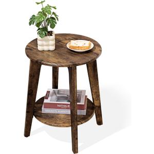 Small Round Side Table Wooden End Table with Lower Shelf Modern Nightstand Bedside Table for Small Spaces, Living Room, Bedroom Retro Brown
