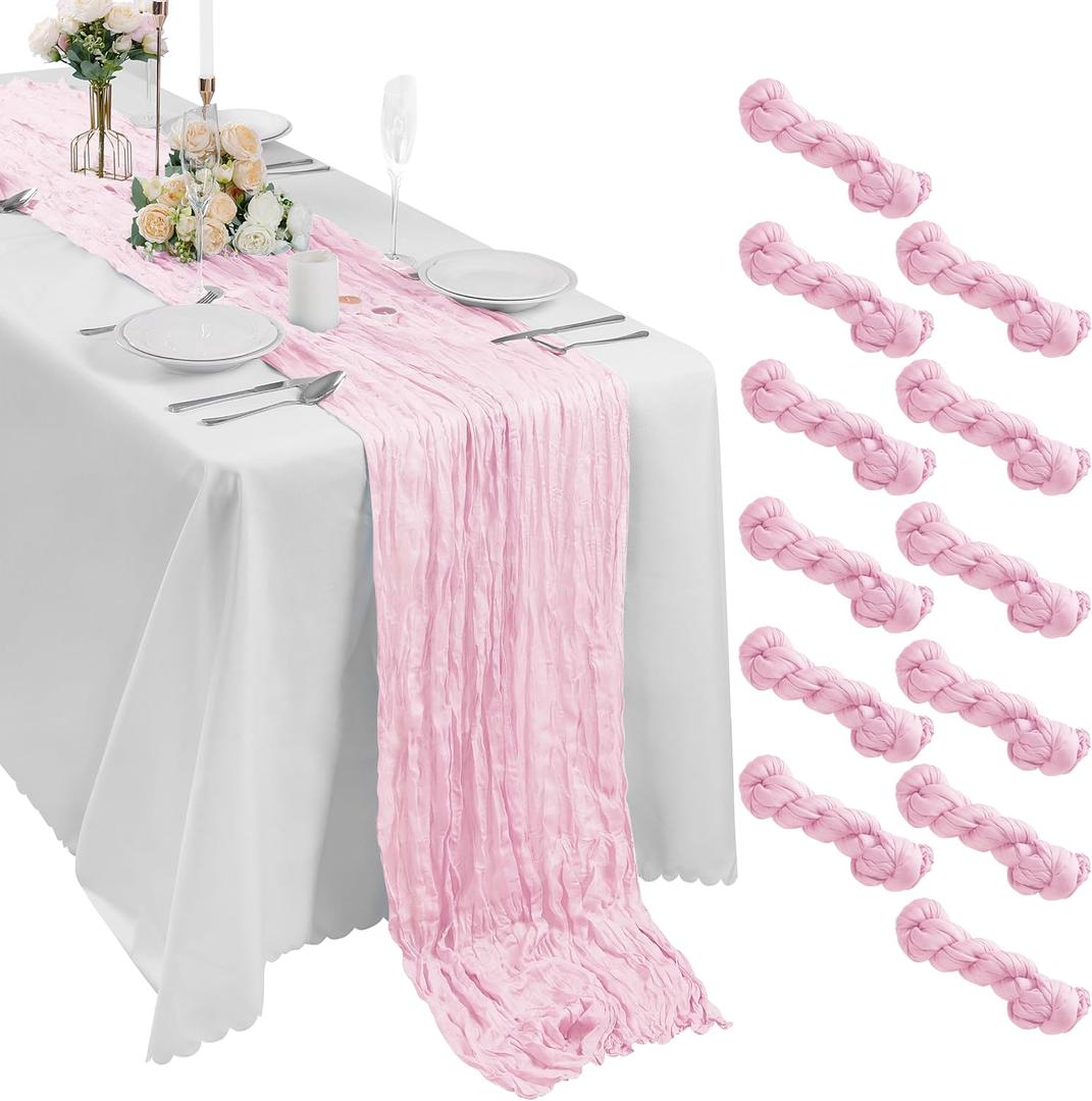Bailarina 12 Pack Cheesecloth Table Runner 17x108 Inch Long Gauze Cheese Cloth 9ft Wrinkled Sheer Table Runner for Wedding Reception Birthday Party Table Decoration (Pink)
