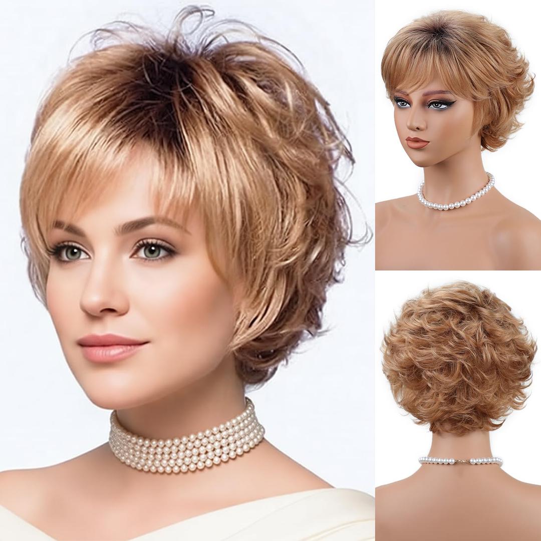 SEVENCOLORS Short Blonde Curly Wigs for White Women Natural Looking Blonde Wavy Wigs with Dark Roots Synthetic Hair Short Womens Wig