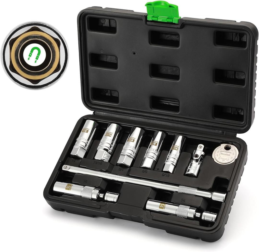 10PCS 3/8" Drive Magnetic Spark Plug Socket Set, Swivel Spark Plug Socket, 9/16", 5/8", 3/4", 13/16", 14, 16, 18mm, Universal Joint & Extension Bar, CR-V, Enhanced Magnetic Design
