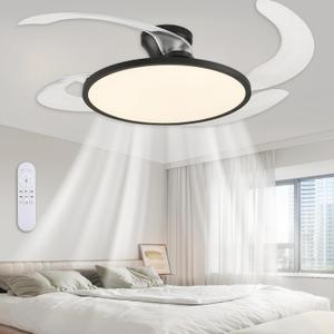48 Inch Retractable Ceiling Fan,Low Profile Ceiling Fan with Light and Remote,Modern Black Fan with Retractable Blades for Dinning Room Living Room Bedroom,Dimmable,Timer Setting