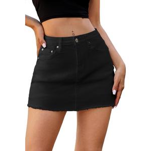ELLEVEN Denim Skirt with Shorts Mini Skort - Casual Jean Skirts with Raw Hem & Pockets (Small)