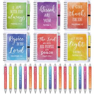 Sabary 24 Set Christian Notebook Bulk with Pens Watercolor Bible Verse Journals and Ballpoint Pen Spiral Notebook Set Religious Notepad for Church Women Inspirational Gifts Religious Party Favors