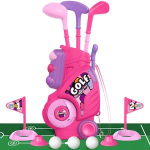 Liberry Toddler Golf Set with Putting Mat for 2 3 4 Years Old Boys Girls, Upgraded Kids Golf Cart with Unique Shoulder Strap Design, Indoor and Outdoor Golf Toys Gifts (Pink)