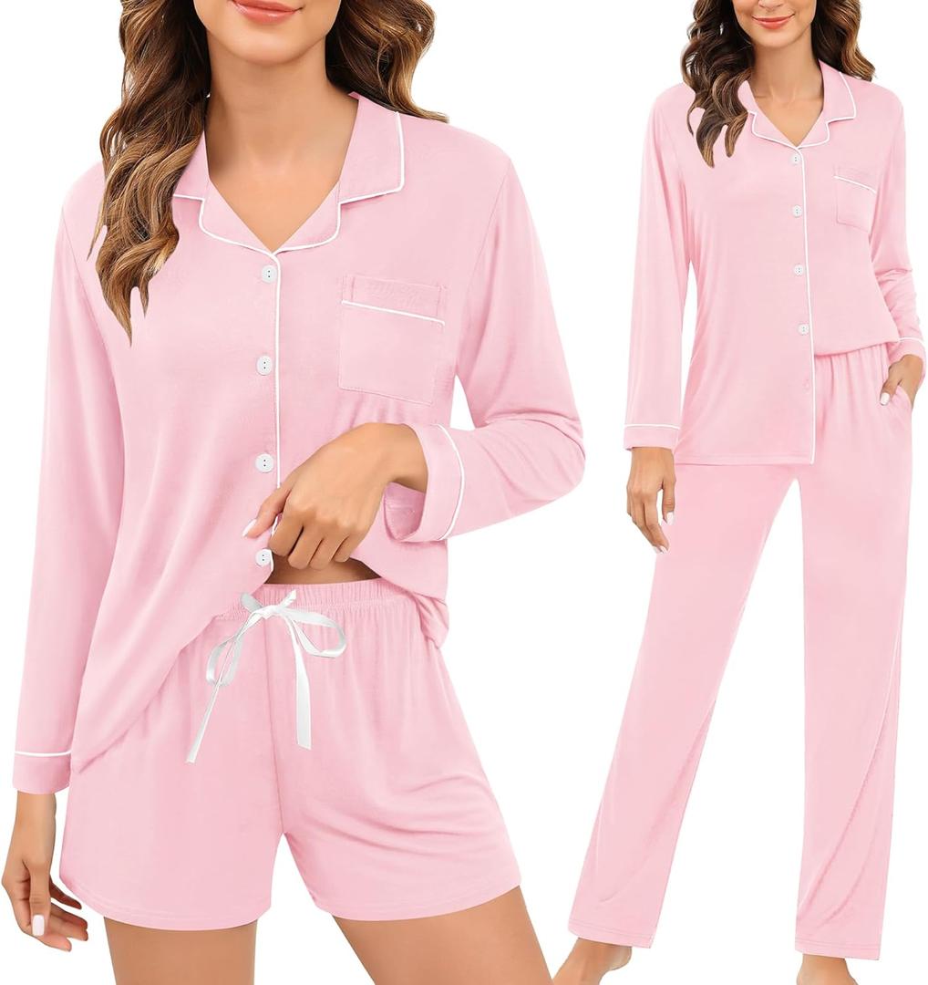 SWOMOG Womens 3pcs Button Down Pajamas Set Short Sleeve Sleepwear Bride Pj Lounge Set with Long Pants (XX-Large)