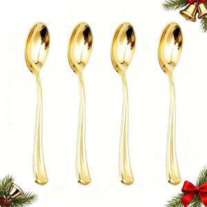 WDF 100 Pack Gold Plastic Spoons Disposable - Durable Heavy Duty 6.9 Inch Gold Spoons, Heat Resistant Modern Disposable Spoons Perfect for Christmas Parties, Wedding, Banquets