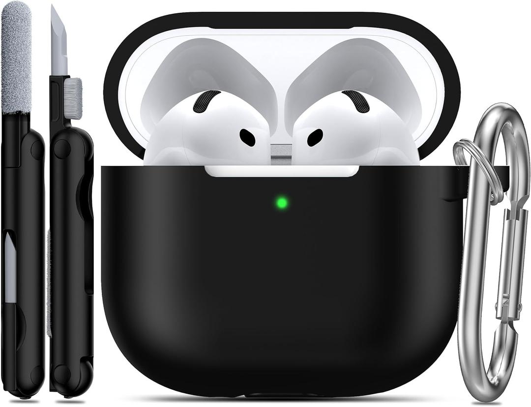 RFUNGUANGO for AirPods 4 Case with Cleaner Kit, Earphone Anti-Lost Strap and Keychain, Soft Silicone Protective Cover for Apple AirPods 4th Generation Case, Support Wireless Charging, Black