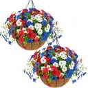 Hananona 2 Set Artificial Outdoor Flowers with Hanging Basket, 2 Hanging Planters with 24 Pcs Patriotic Flowers for Summer Front Porch Patio 4th of July Decor (Red, White, Blue)