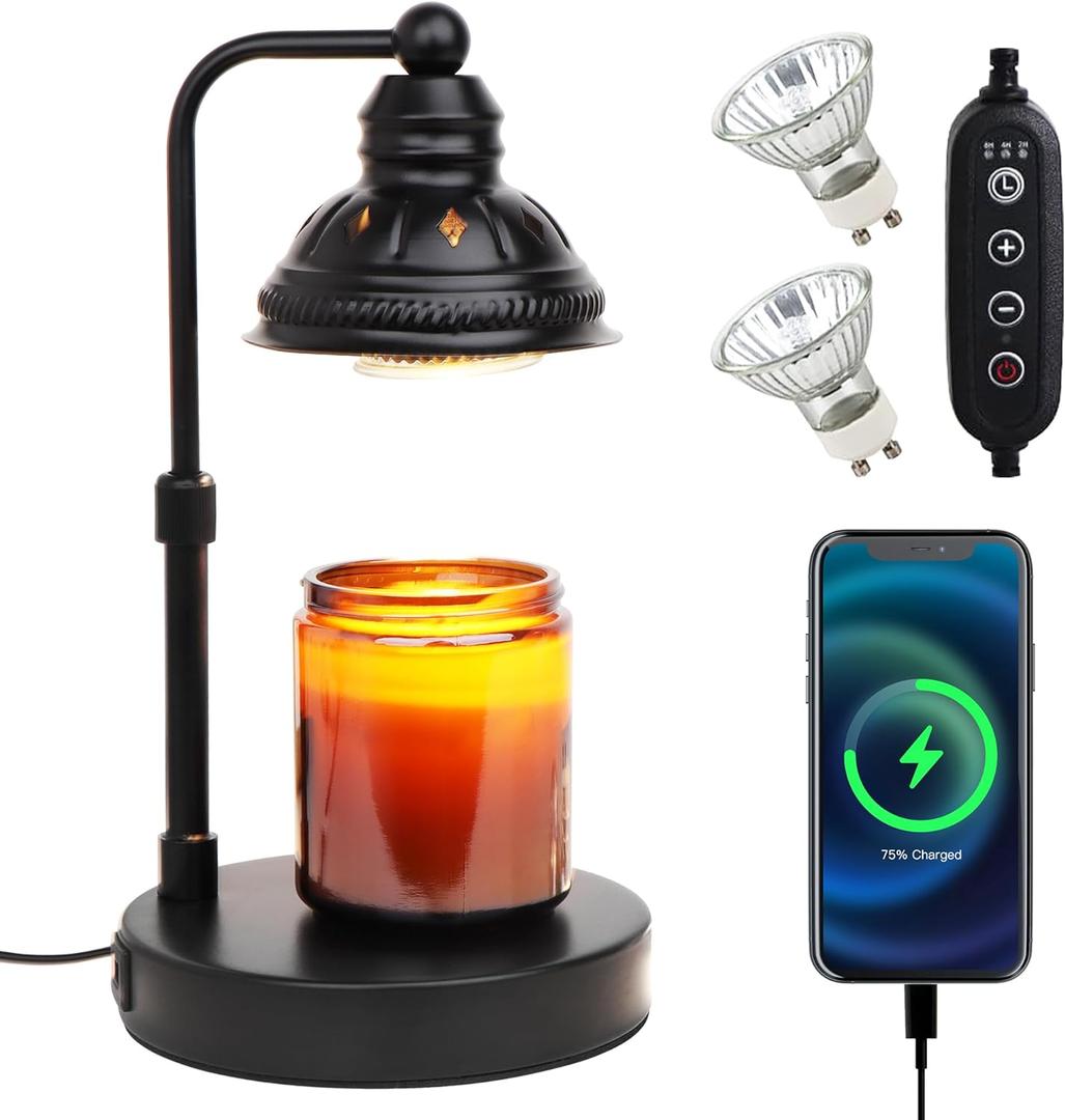 Candle Warmer Lamp,Candle Lamp,Candle Warming Lamp with Timer Dimmer - Candle Melter Light Warmer with USB Port,Electric Candle Heating Lamp,Gift for Women Bedroom Home Decor (Black)