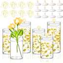 6 Set Glass Cylinder Vase with 8 Artificial Pearl String 12 White Floating Candle Multi-Size Cylinder Vase for Centerpieces 4"+ 6" + 8" Glass for Wedding Party Table Decor(6 Pcs-Gold)