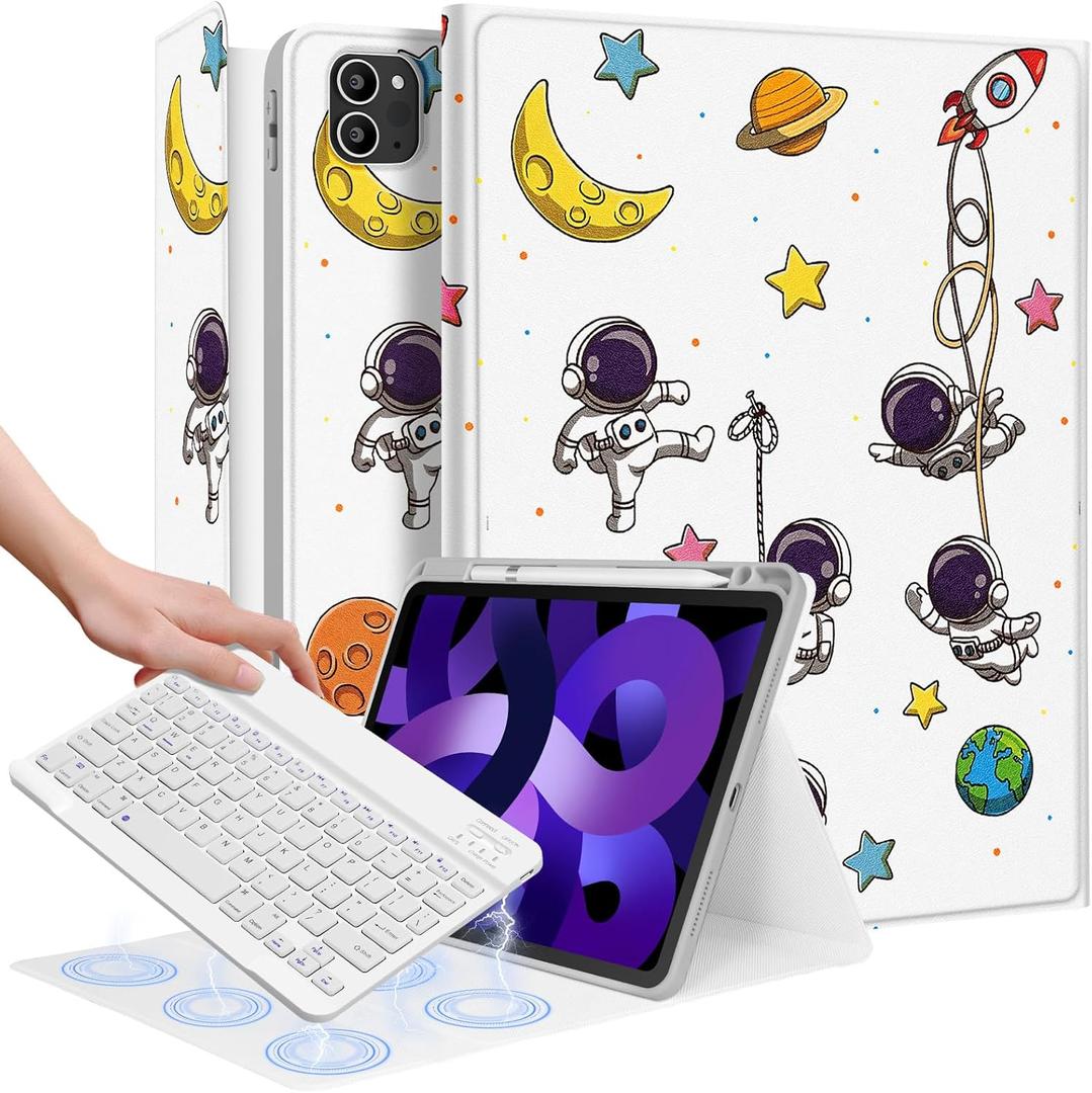 for iPad Air 11 inch Case 2024 - Air 5th/4th Generation 10.9, Pro 11 Case with Keyboard Pencil Holder Tablet Cover Folio Women Girl Cute Kawaii Astronaut for iPad Air 11 2024 (M2), Pro 11