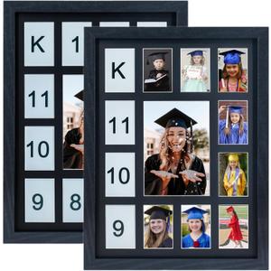 School Years Picture Frame K-12 Day Graduation Photo Collage Black Frame with Mat, Displays One 5x7 Photo and Twelve 2.5x3.5 Pictures, Pack of 2