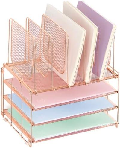LEKETREE Desk Organizers and Accessories, 3-Tier Paper Organizer with 5 Vertical File Holders, File Organizer for Desk (Rose Gold, 3T)
