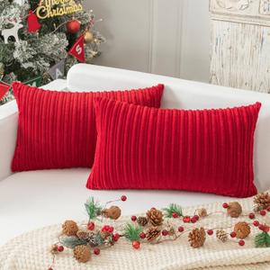 Kevin Textile Decorative Plush Striped Velvet Corduroy Christmas Oblong Pillowcase Accent Cushion Cover, 12 x 20 inches (30x50 cm), Set of 2, Burgundy