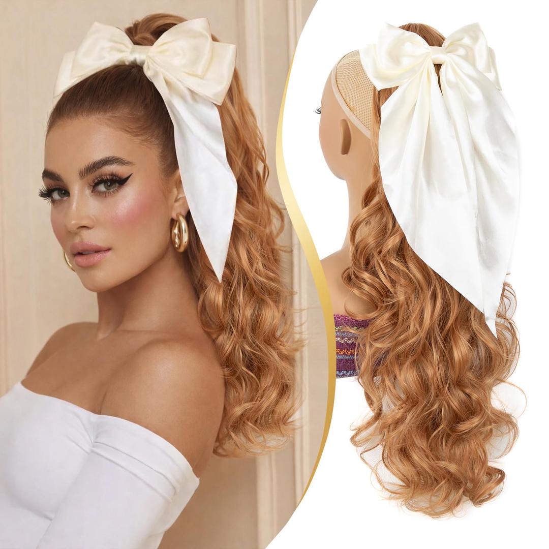 24 Inch Ponytail Extension, Long Curly Wavy Clip on Ponytails for Women, Synthetic Claw Clip in Hair Extensions for Daily & Party（Strawberry Blonde）