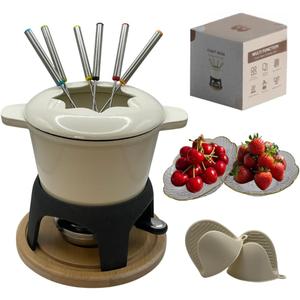 Cast Iron Fondue Set 15-Pcs With Accessories Fondue Kit For Swiss Fondue Cheese Meat Oil Fondue Pot Fondue Pot set, Cheese Fondue Set, Chocolate Fondue Pot, Cheese Melting Pot, Fondue Pot Non Electric (Off-White)