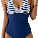 B2prity One Piece Swimsuit for Women Tummy Control Halter Bathing Suit V Neck Push Up Swim Suit Ruched Swimwear (Small, Striped, Dark Blue)