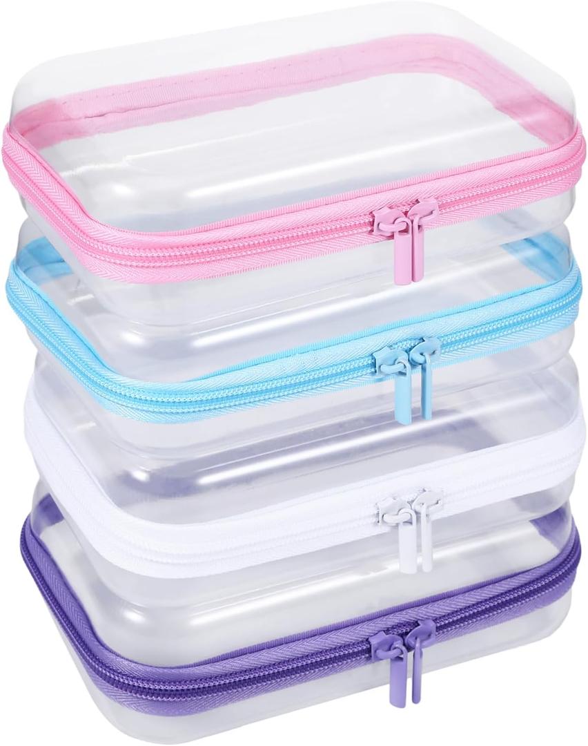 4 Pack Clear Hard Shell Zipper Case, 47.5" Plastic Clear Storage Zipper Case, Transparent Waterproof Hard Pouches for Makeup Cosmetic Snacks Building Blocks Puzzles Doll Storage Cases, Multicolor,S
