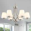 6-Light Brushed Nickel Chandeliers for Dining Room with Frosted Glass Farmhouse Silver Ceiling Hanging Lighting Fixtures Classic Pendant Lamp for Living Room,Dining Table,47.2 Height Adjustable, Large
