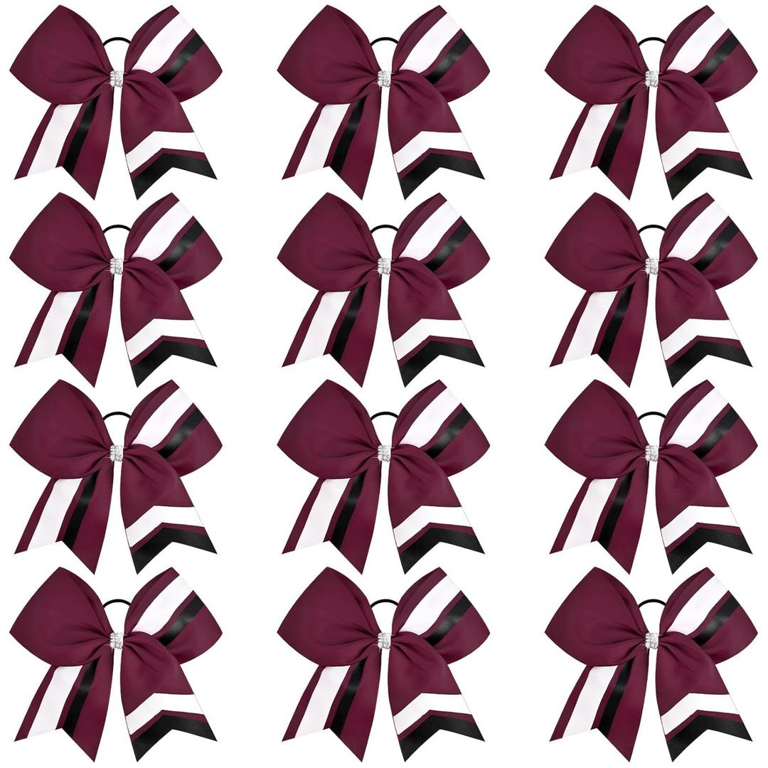12PCS Cheer Bows Bulk Glitter Cheerleading Bows Girls Hair Bows Cheer Bows Elastic Band Ponytail Holder for Cheerleaders Teen Girls College Sports Competition (B12P-Black/White/Maroon)
